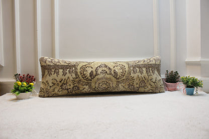 Handmade Wool Lumbar Pillow Cover: Beige Brown Anatolian Rug, 12x36 in
