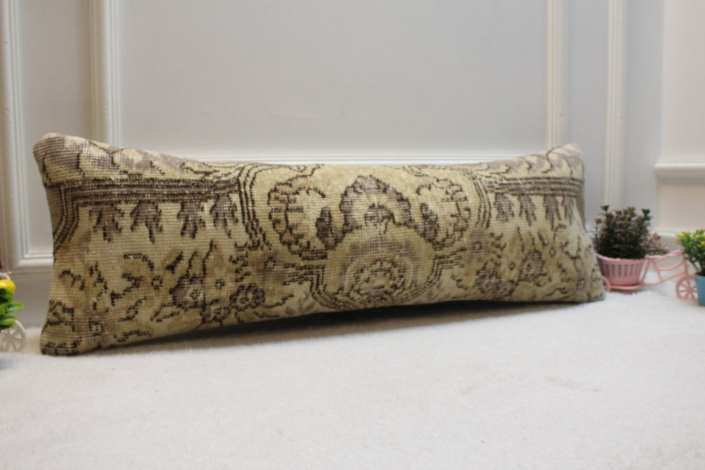 Handmade Wool Lumbar Pillow Cover: Beige Brown Anatolian Rug, 12x36 in