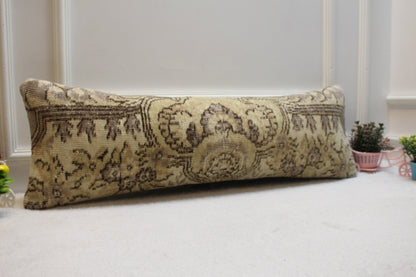 Handmade Wool Lumbar Pillow Cover: Beige Brown Anatolian Rug, 12x36 in