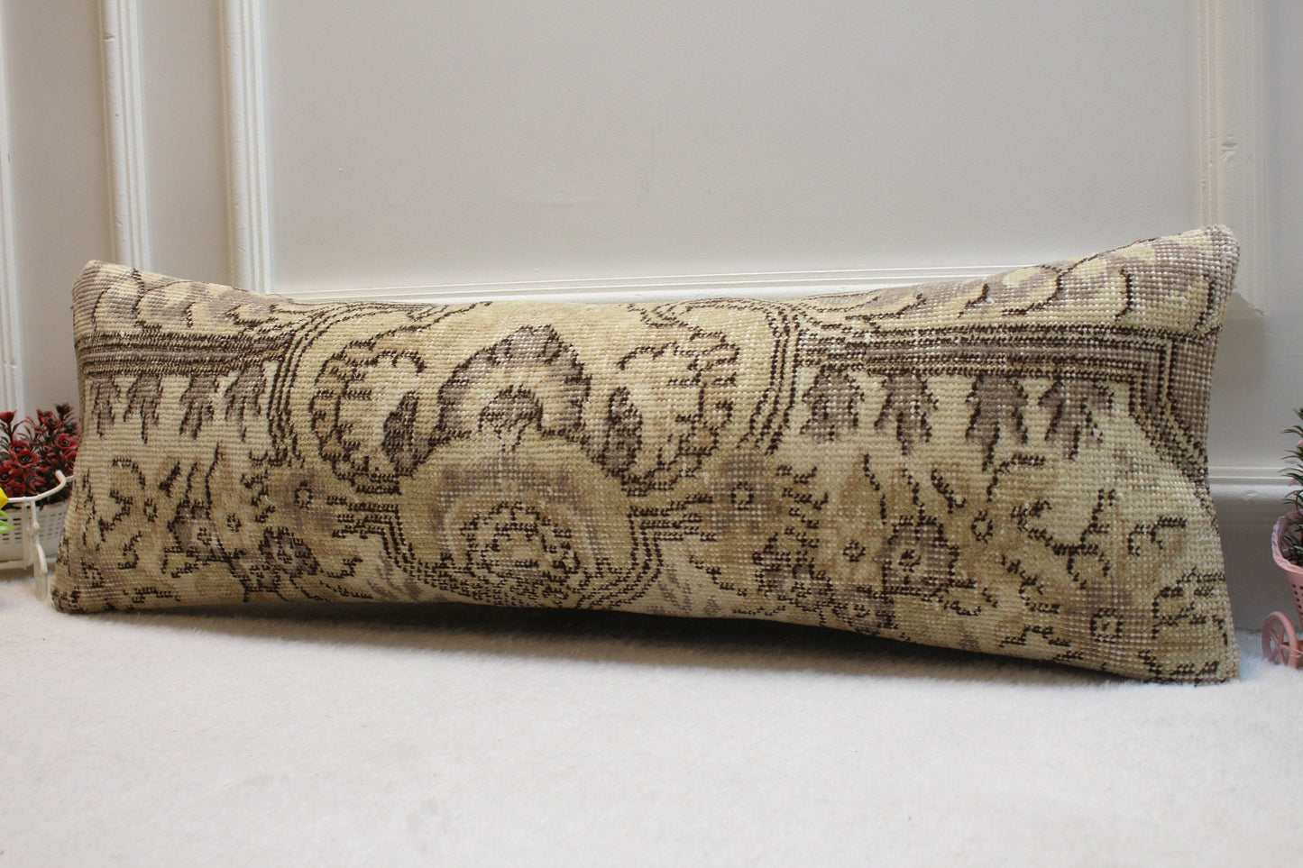 Handmade Wool Lumbar Pillow Cover: Beige Brown Anatolian Rug, 12x36 in