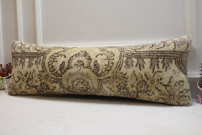 Handmade Wool Lumbar Pillow Cover: Beige Brown Anatolian Rug, 12x36 in
