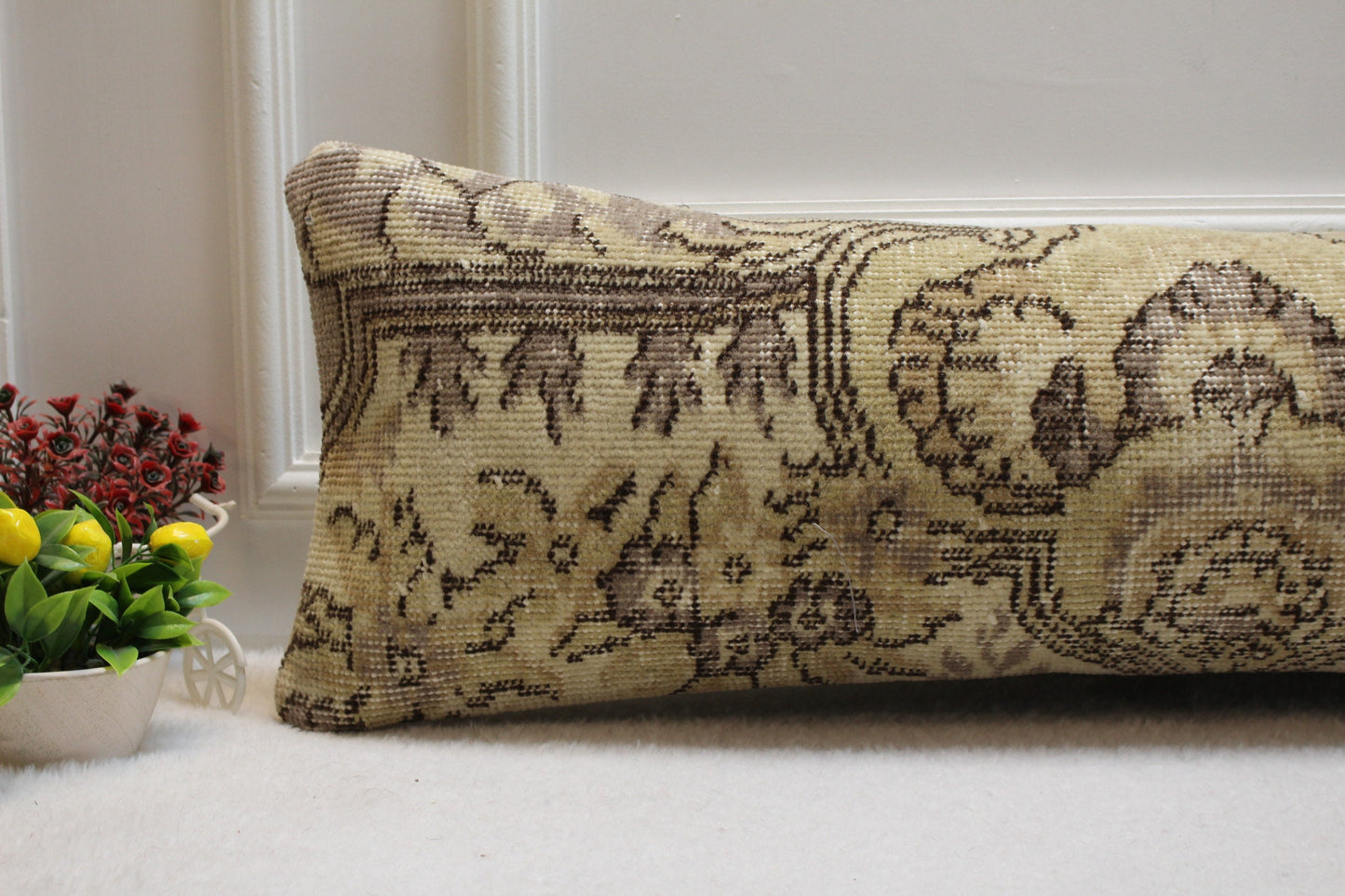 Handmade Wool Lumbar Pillow Cover: Beige Brown Anatolian Rug, 12x36 in