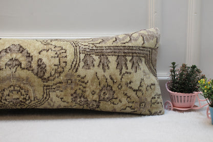 Handmade Wool Lumbar Pillow Cover: Beige Brown Anatolian Rug, 12x36 in