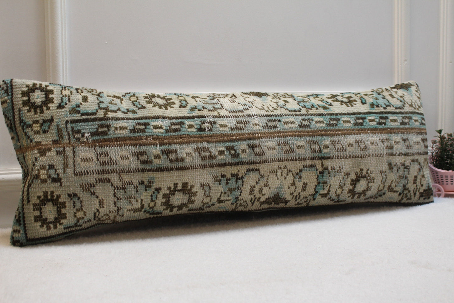 Handmade Kilim Lumbar Pillow Cover: Boho Woven Rug, 12x36 inch
