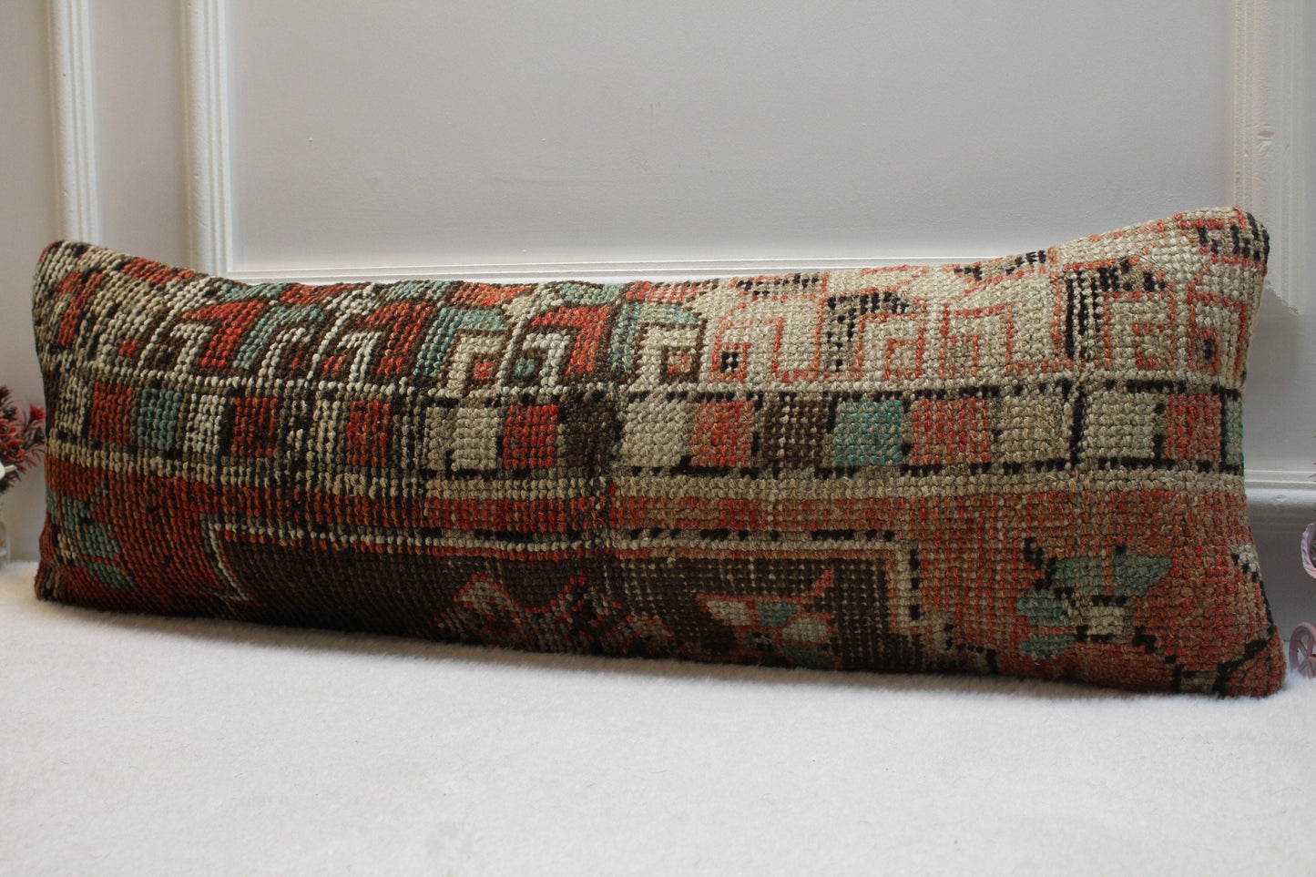 Red Turkish Rug Pillow Cover: Vintage Boho Lumbar Pillow (12x36 in)