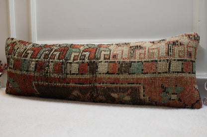 Red Turkish Rug Pillow Cover: Vintage Boho Lumbar Pillow (12x36 in)