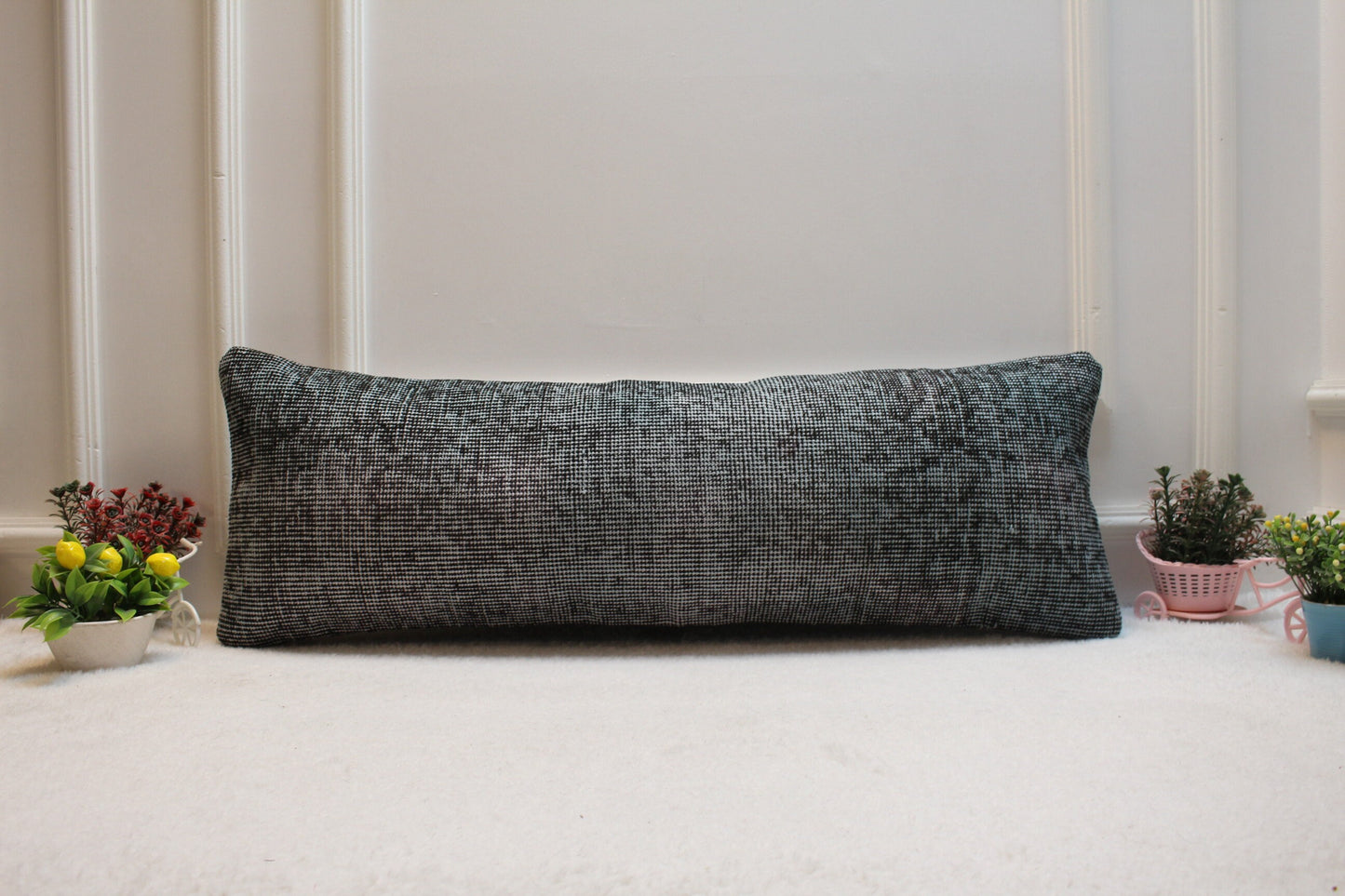 Handmade Wool Lumbar Pillow Cover: Upcycled Anatolian Rug, 12x36 inch