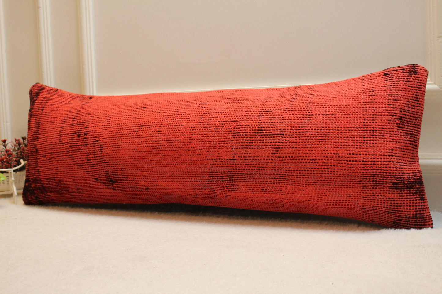 Handmade Red Turkish Rug Lumbar Pillow Cover: Vintage Woven Kilim, 12x36 in