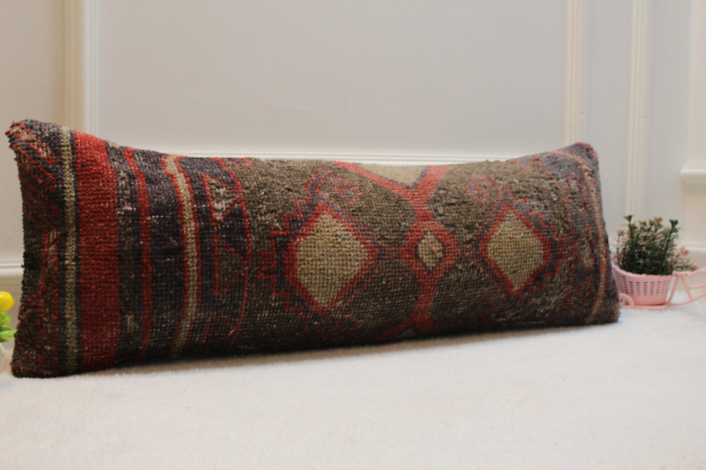 Handmade Lumbar Kilim Pillow Cover: Organic Wool Boho Rug Pillow (12x36 in)
