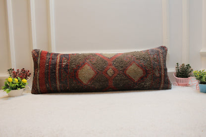 Handmade Lumbar Kilim Pillow Cover: Organic Wool Boho Rug Pillow (12x36 in)