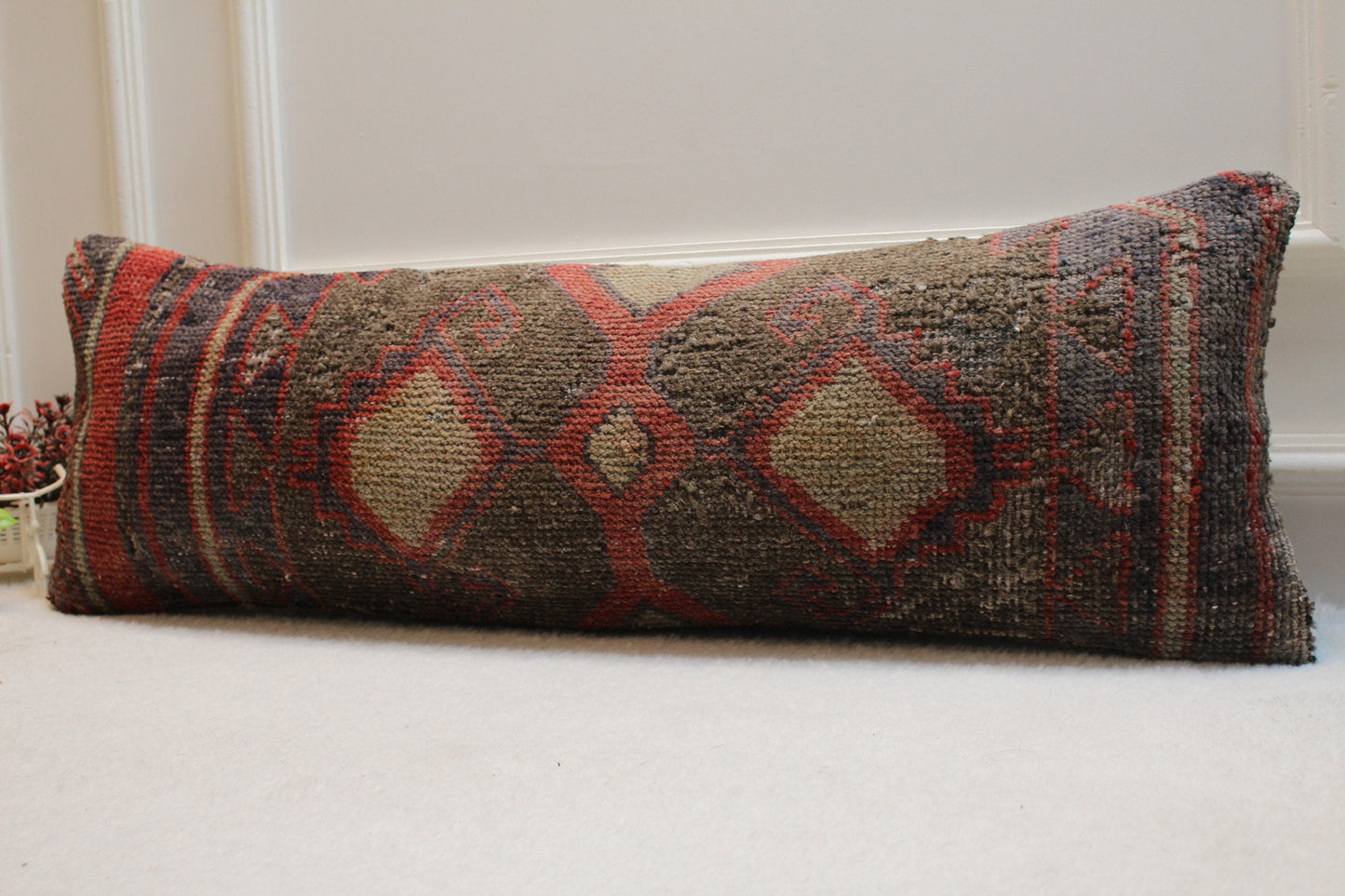 Handmade Lumbar Kilim Pillow Cover: Organic Wool Boho Rug Pillow (12x36 in)