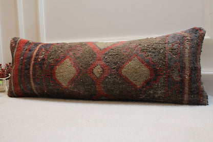 Handmade Lumbar Kilim Pillow Cover: Organic Wool Boho Rug Pillow (12x36 in)