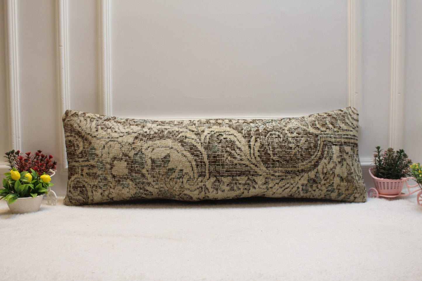 Handmade Turkish Lumbar Pillow Cover: Brown Beige Wool Rug, Boho Decor (12x36 in)