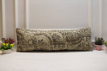 Handmade Turkish Lumbar Pillow Cover: Brown Beige Wool Rug, Boho Decor (12x36 in)