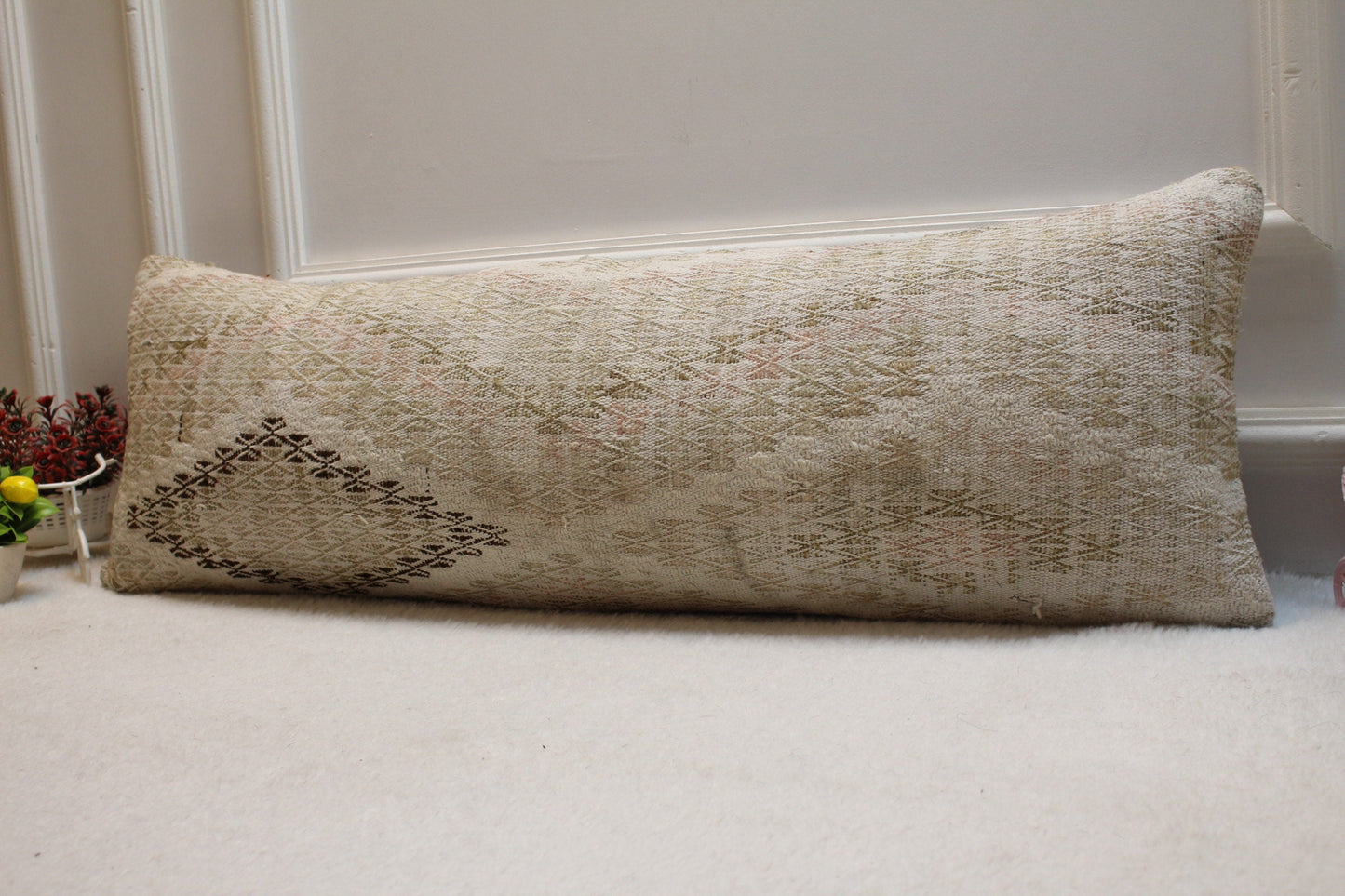 Handmade Turkish Kilim Pillow: Vintage Lumbar Cover (12x36 in)