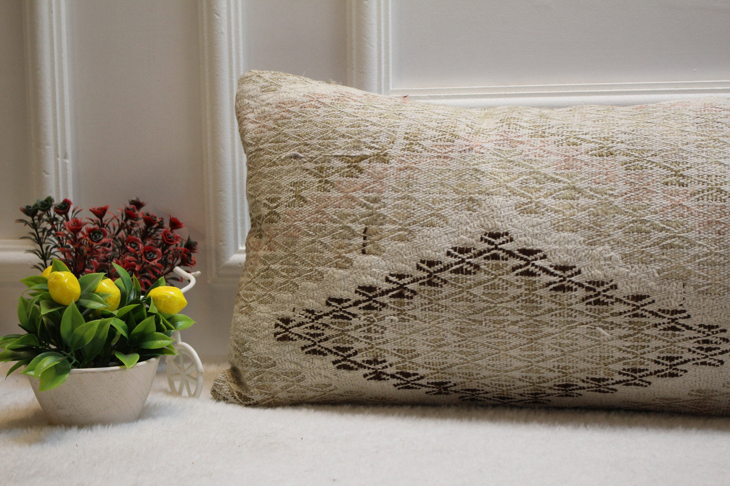 Handmade Turkish Kilim Pillow: Vintage Lumbar Cover (12x36 in)