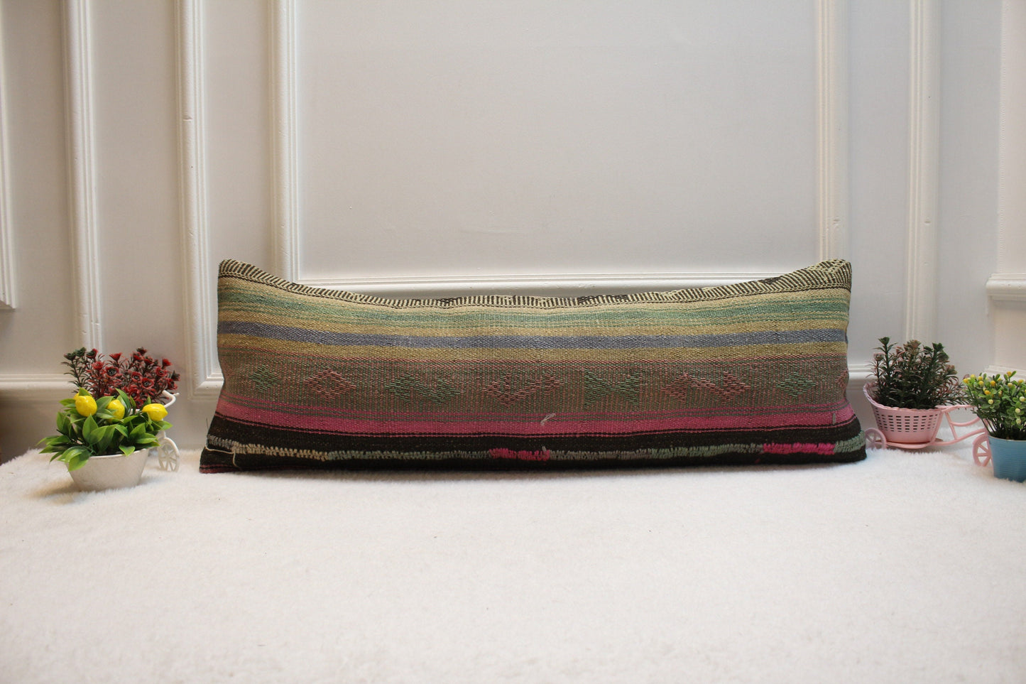 Striped Kilim Pillow Cover: Organic Wool Lumbar Pillow (12x36 in)
