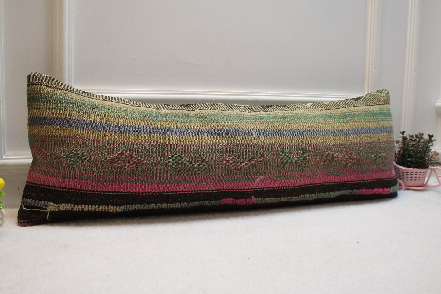Striped Kilim Pillow Cover: Organic Wool Lumbar Pillow (12x36 in)