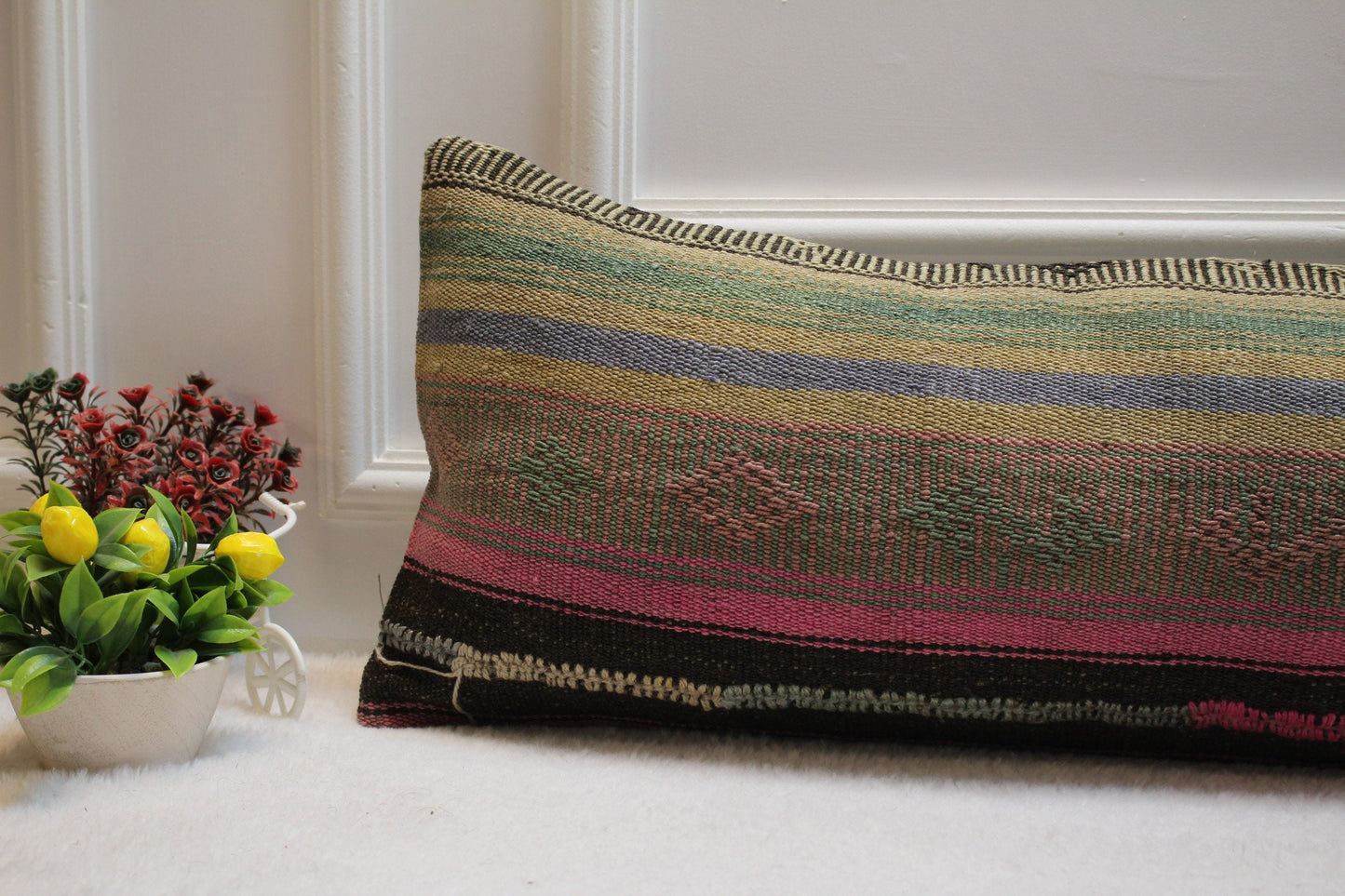 Striped Kilim Pillow Cover: Organic Wool Lumbar Pillow (12x36 in)
