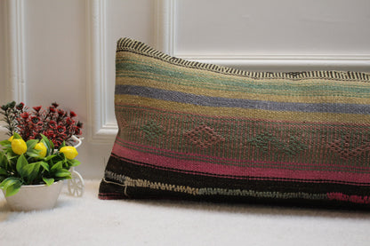 Striped Kilim Pillow Cover: Organic Wool Lumbar Pillow (12x36 in)