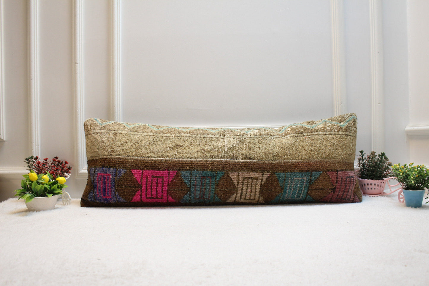 Handmade Kilim Pillow Cover: Upcycled Woven Rug, Boho Decor (12x36 in)