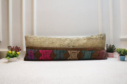 Handmade Kilim Pillow Cover: Upcycled Woven Rug, Boho Decor (12x36 in)