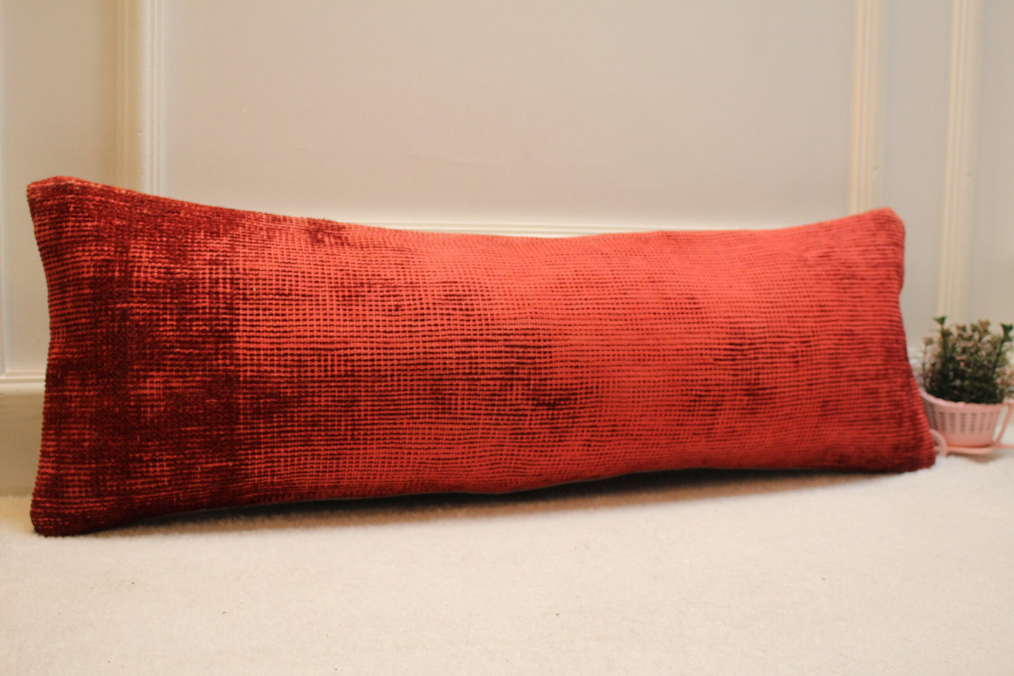 Red Turkish Kilim Pillow Cover: Vintage Handmade Lumbar Cushion (12x36in)