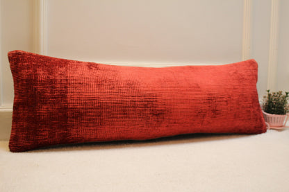 Red Turkish Kilim Pillow Cover: Vintage Handmade Lumbar Cushion (12x36in)