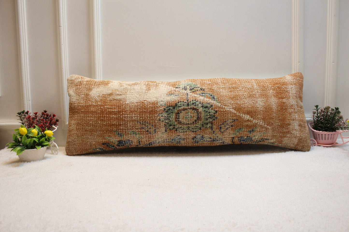Handmade Wool Lumbar Pillow Cover: Orange Green Anatolian Rug (12x36 in)