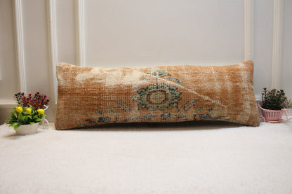 Handmade Wool Lumbar Pillow Cover: Orange Green Anatolian Rug (12x36 in)