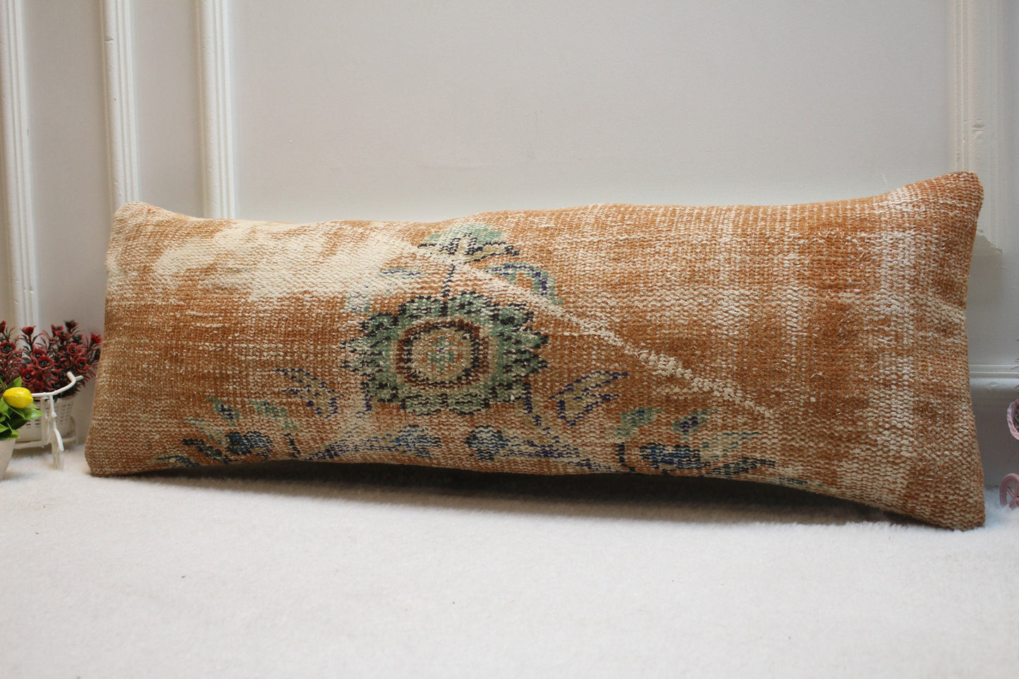 Handmade Wool Lumbar Pillow Cover: Orange Green Anatolian Rug (12x36 in)