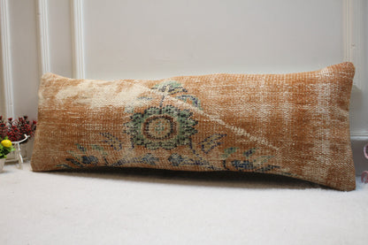 Handmade Wool Lumbar Pillow Cover: Orange Green Anatolian Rug (12x36 in)