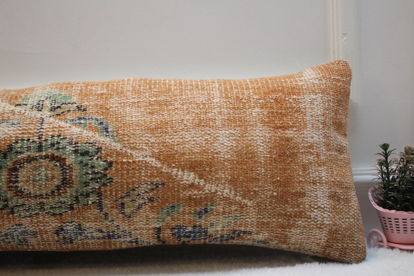 Handmade Wool Lumbar Pillow Cover: Orange Green Anatolian Rug (12x36 in)