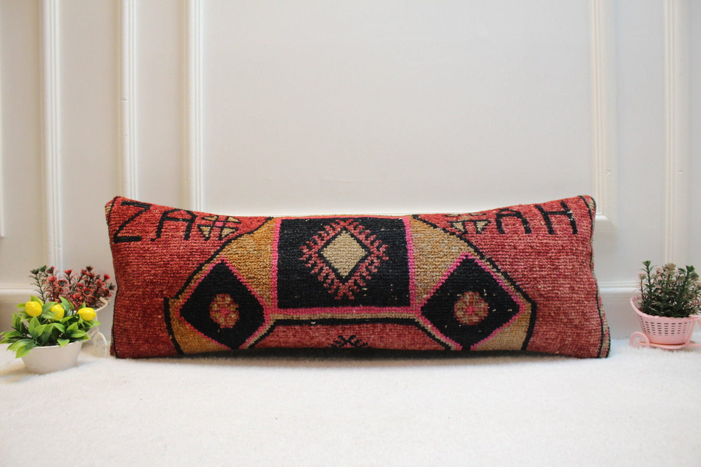 Handmade Kilim Lumbar Pillow Cover: Organic Wool Boho Rug Pillow (12x36 in)