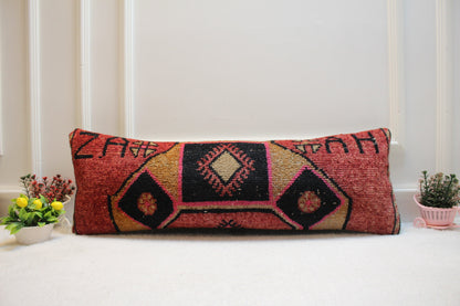 Handmade Kilim Lumbar Pillow Cover: Organic Wool Boho Rug Pillow (12x36 in)
