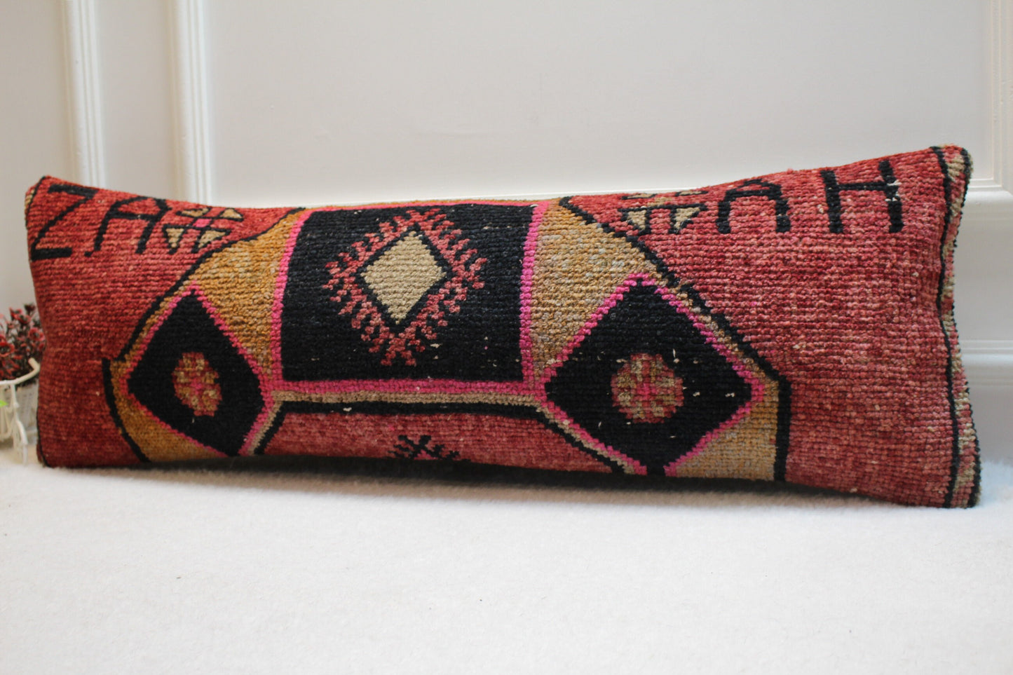 Handmade Kilim Lumbar Pillow Cover: Organic Wool Boho Rug Pillow (12x36 in)