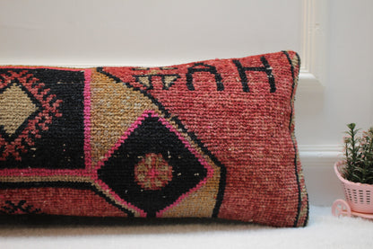 Handmade Kilim Lumbar Pillow Cover: Organic Wool Boho Rug Pillow (12x36 in)
