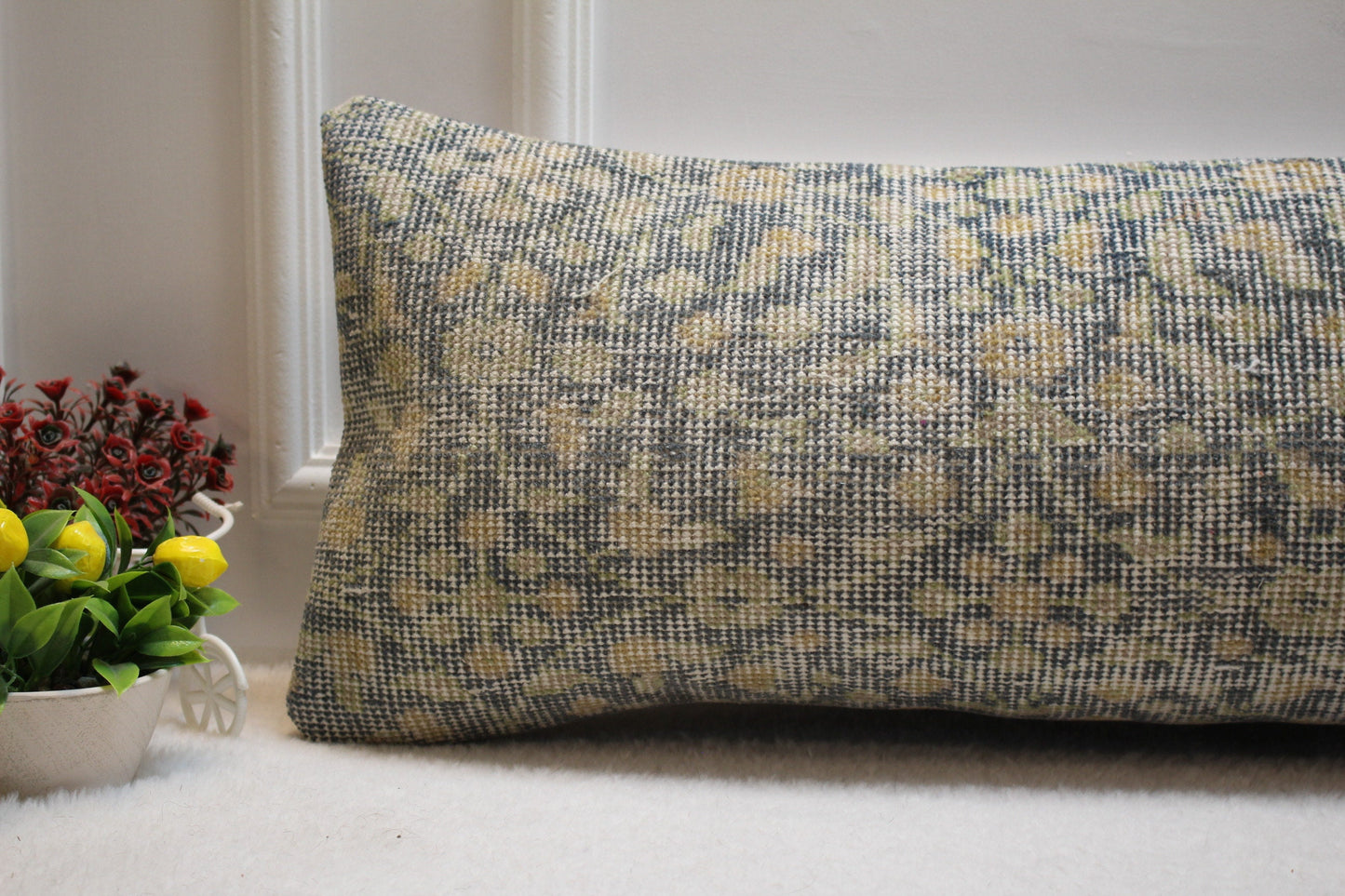 Green Vintage Turkish Rug Lumbar Pillow Cover (12x36 in)