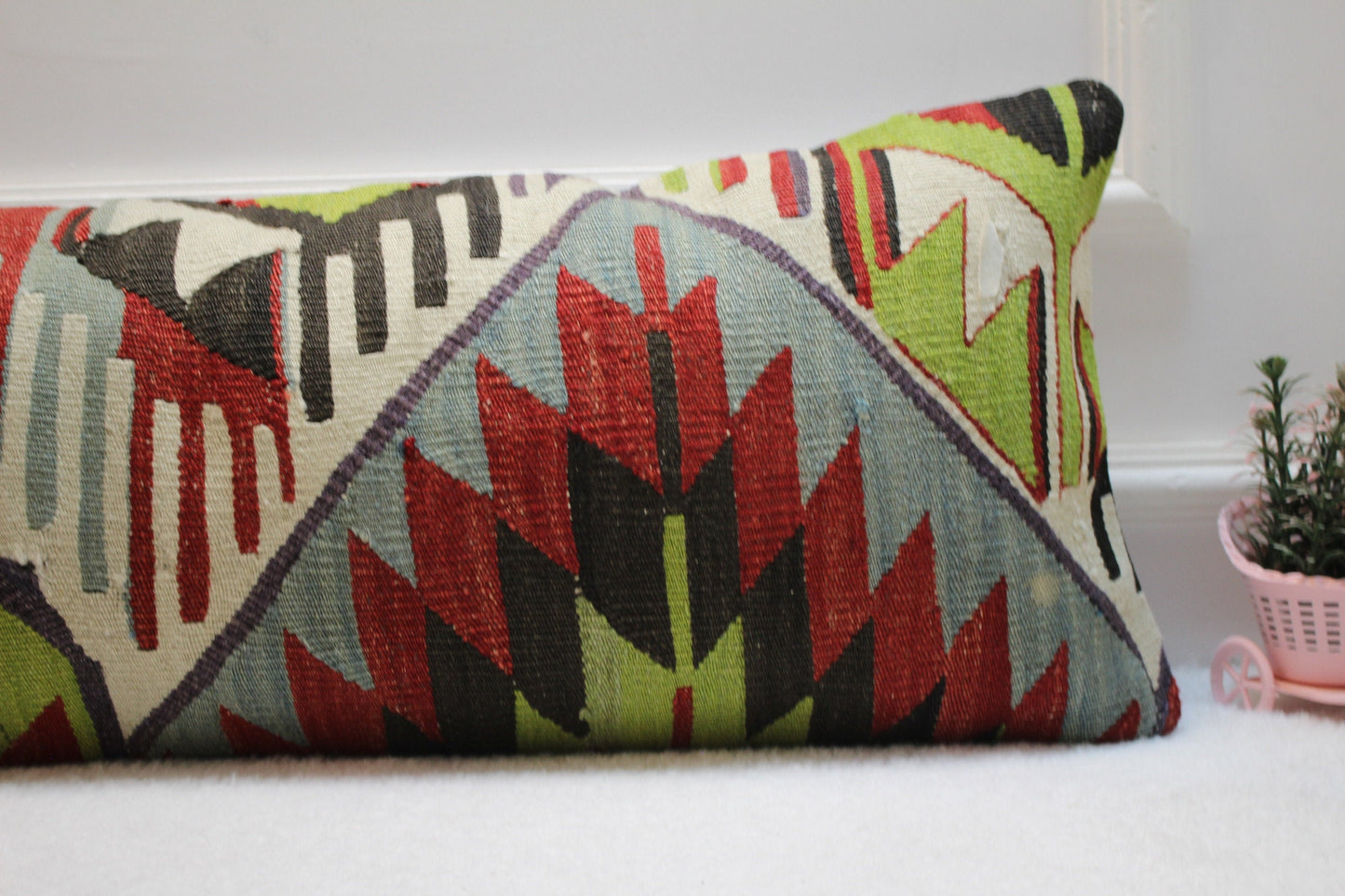 Geometric Kilim Lumbar Pillow Cover: Organic Wool, 12x36 inch