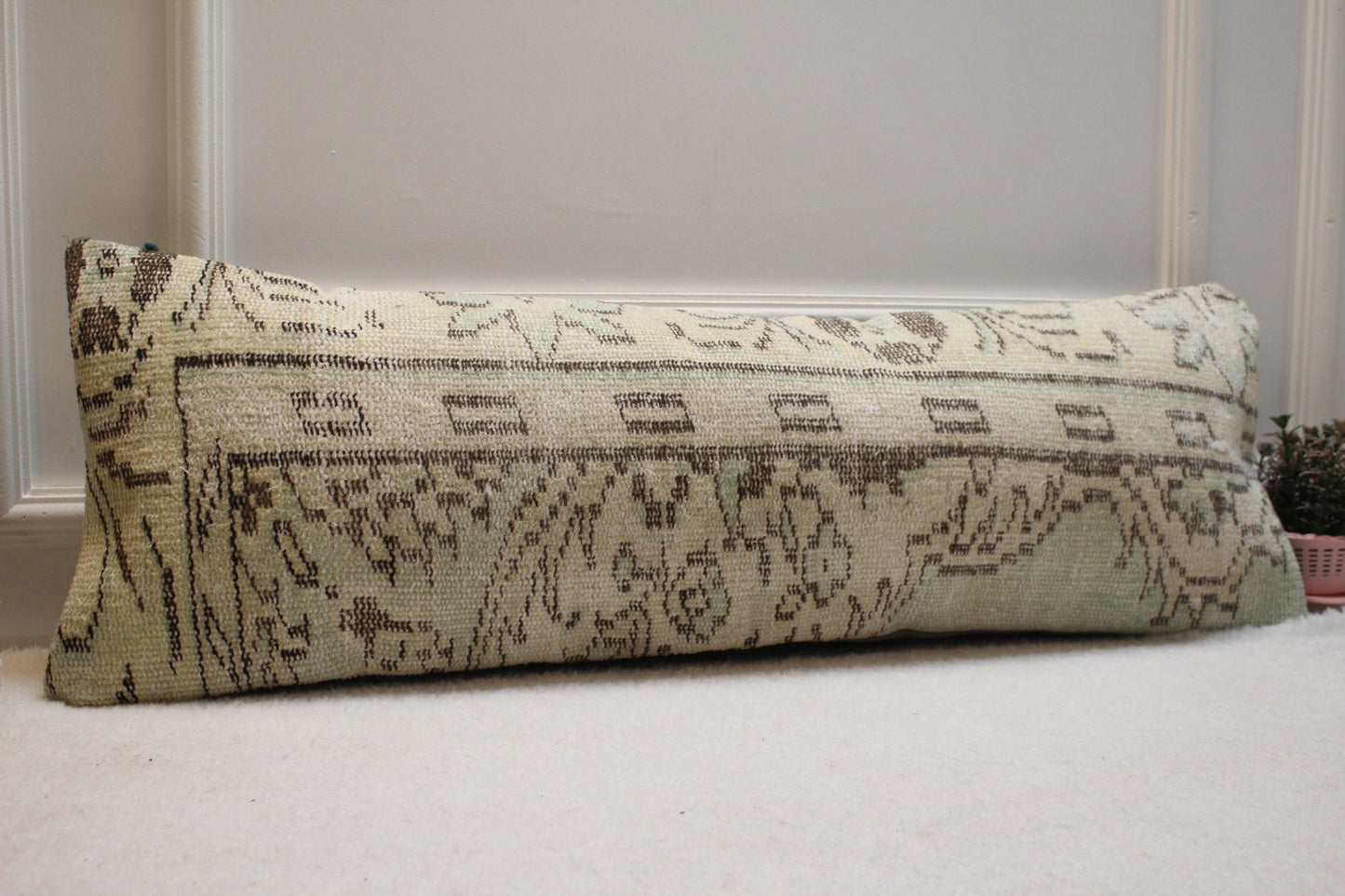 Vintage Turkish Rug Pillow Cover: Green Boho Lumbar Pillow (12x36 in)