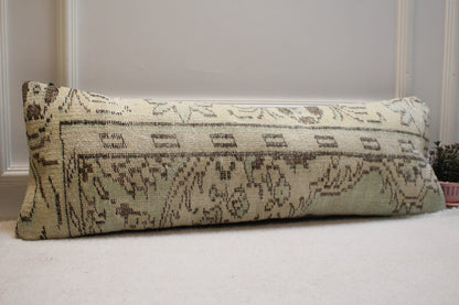 Vintage Turkish Rug Pillow Cover: Green Boho Lumbar Pillow (12x36 in)