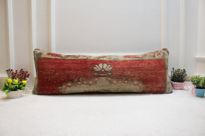 Handmade Turkish Rug Lumbar Pillow Cover: Red Wool, 12x36 inch