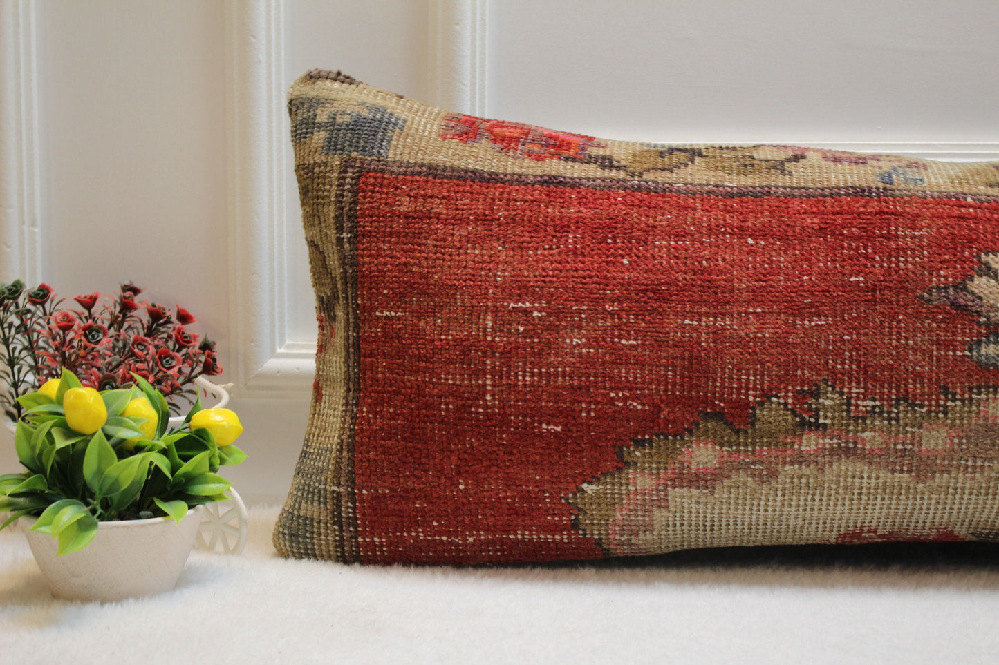 Handmade Turkish Rug Lumbar Pillow Cover: Red Wool, 12x36 inch