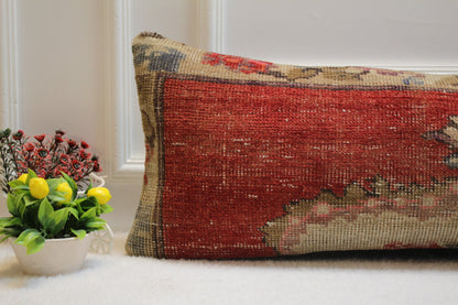 Handmade Turkish Rug Lumbar Pillow Cover: Red Wool, 12x36 inch
