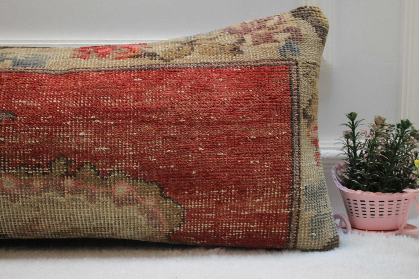 Handmade Turkish Rug Lumbar Pillow Cover: Red Wool, 12x36 inch