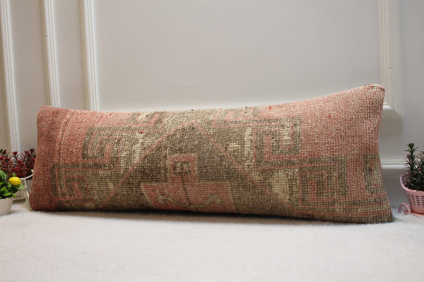 Handmade Wool Lumbar Pillow Cover: Boho Rug Design (12x36 in)