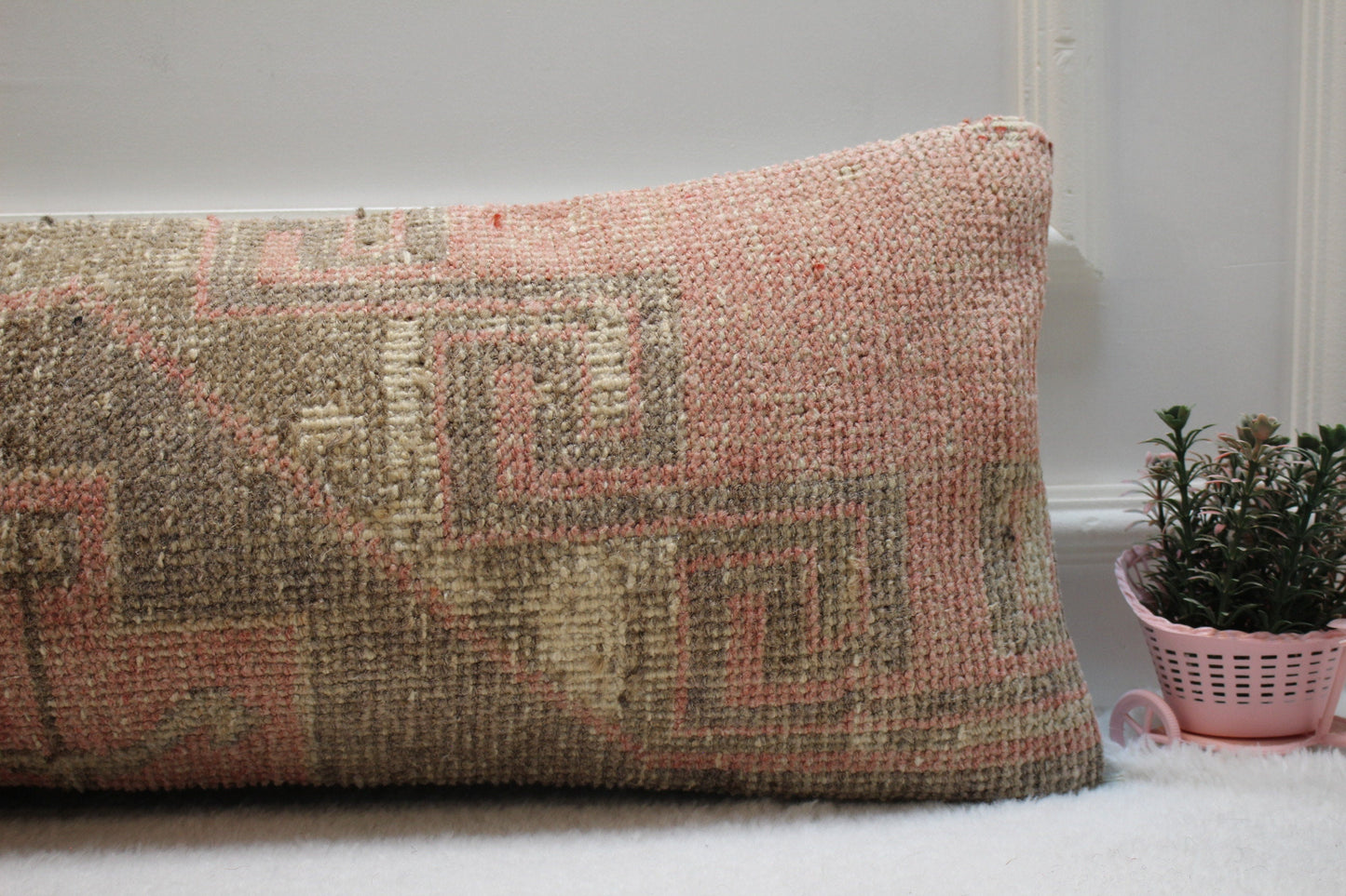 Handmade Wool Lumbar Pillow Cover: Boho Rug Design (12x36 in)