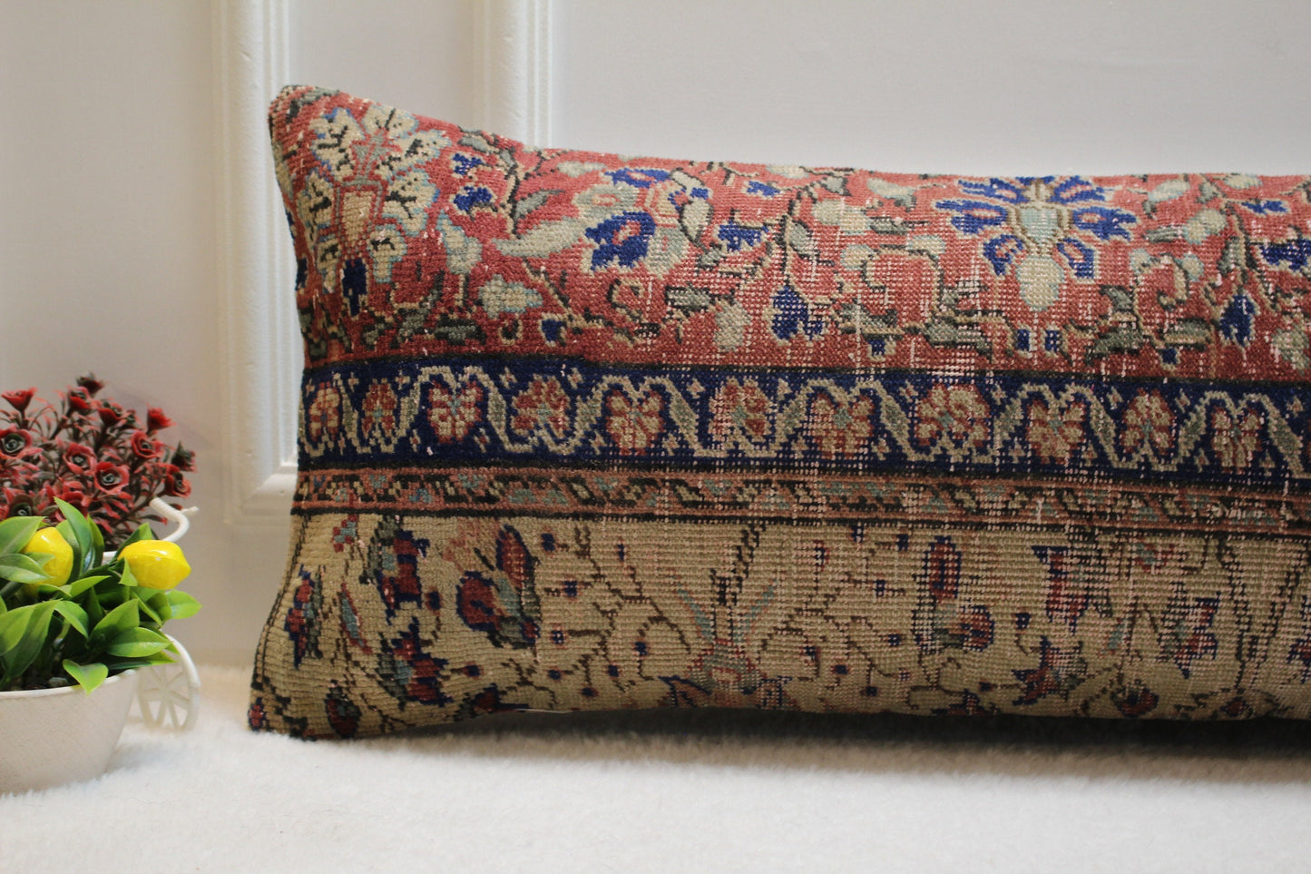 Floral Kilim Pillow Cover (12x36 in): Upcycled Woven Rug, Organic Wool