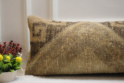 Handmade Wool Lumbar Pillow Cover: Vintage Anatolian Rug, 12x36 inch