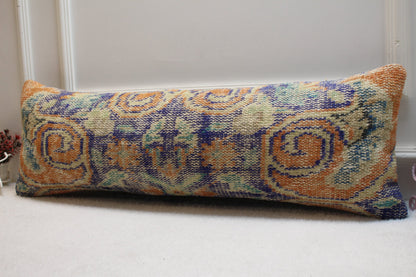 Handmade Kilim Lumbar Pillow Cover: Blue Orange Wool Rug Pillow (12x36 inc)